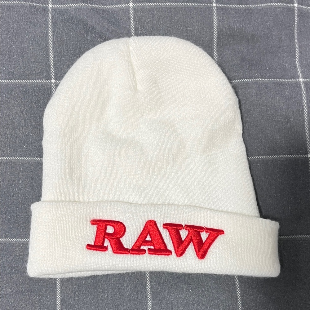 White Beanie with Red Embroidery